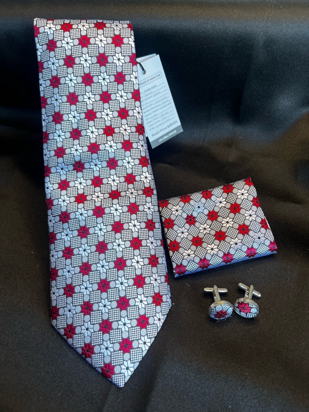 Men's Red and Silver Geometric Tie Set with Pocket Square and Cufflinks